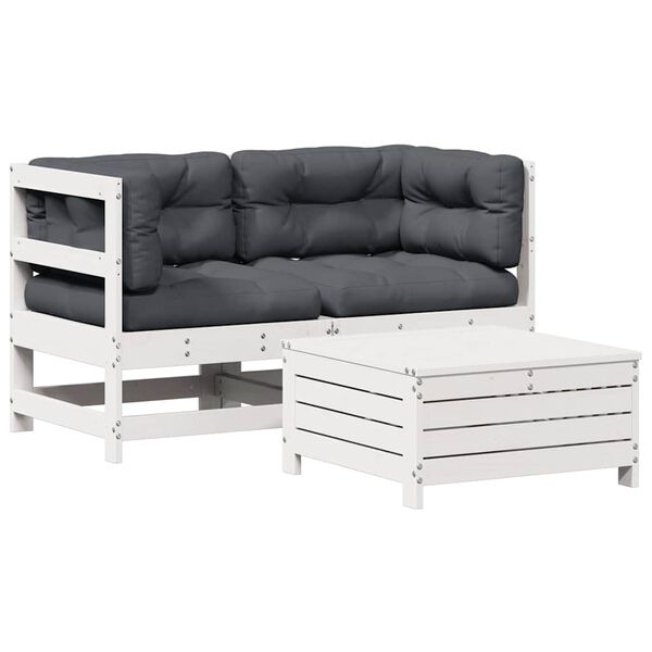 vidaXL 3-delige Loungeset met kussens massief grenenhout wit