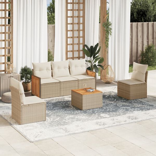 vidaXL 6-delige Loungeset met kussens poly rattan beige