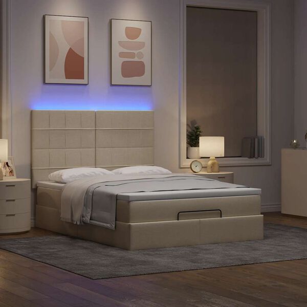 vidaXL Ottoman bed met matras en LED's 140x190cm stof cr&egrave;mekleurig
