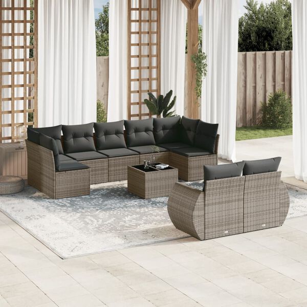 vidaXL 10-delige Loungeset met kussens poly rattan grijs