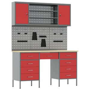 vidaXL Werk kast met lade 7 st Rood en Grijs Engineered hout en staal