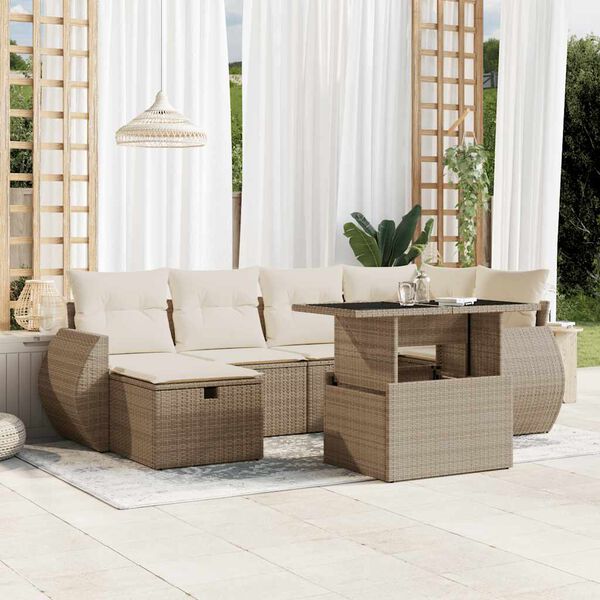 vidaXL 7-delige Loungeset met kussens poly rattan beige