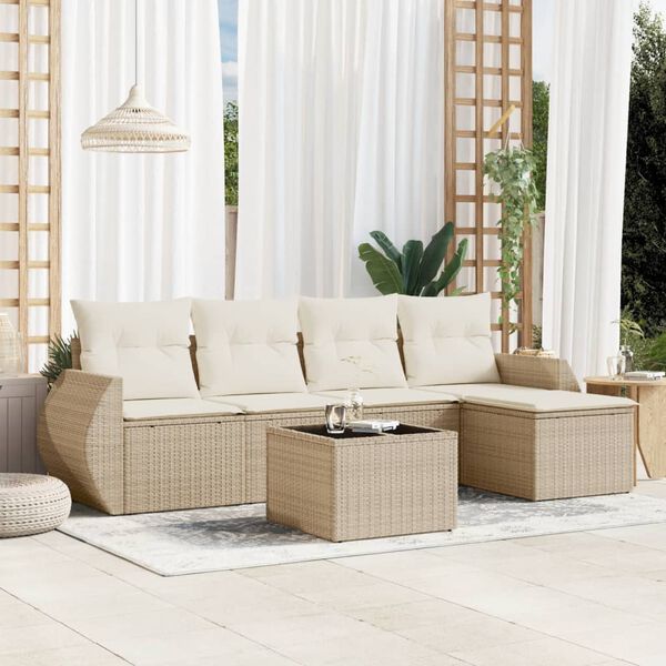 vidaXL 6-delige Loungeset met kussens poly rattan beige