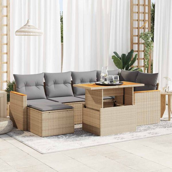 vidaXL 7-delige Loungeset met kussens poly rattan acacia beige
