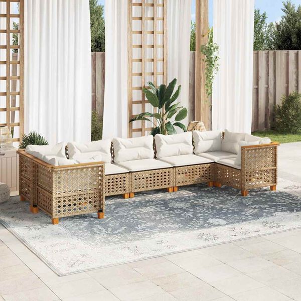 vidaXL 7-delige Loungeset met kussens poly rattan beige