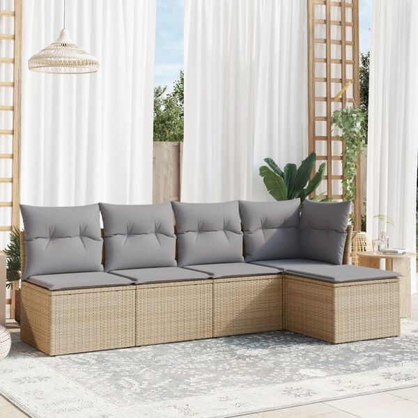 vidaXL 5-delige Loungeset met kussens poly rattan beige