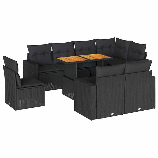 vidaXL 9-delige Loungeset met kussens poly rattan zwart
