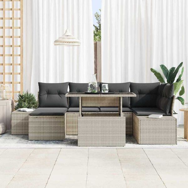 vidaXL Tuin Sofa Set met opslag 7 pcs Lichtgrijs Poly riet