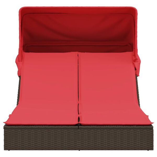 vidaXL Dubbele ligstoel met luifel en kussens, bruin polyrotan