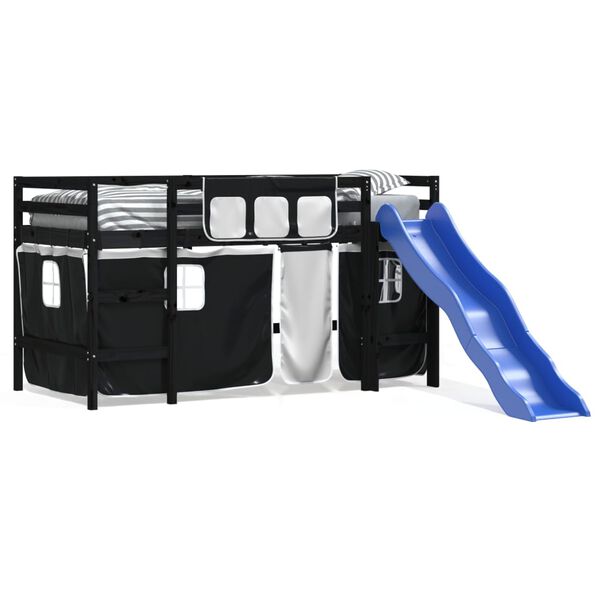 vidaXL Kinderhoogslaper met gordijnen 90x190 cm grenenhout wit zwart