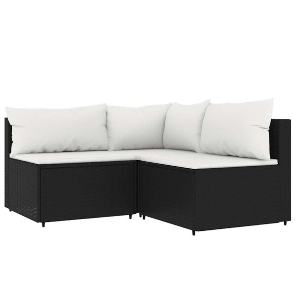 vidaXL 3-delige Loungeset met kussens poly rattan zwart