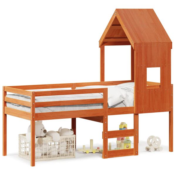 vidaXL Hoogslaper met bedhuis massief grenenhout wasbruin 80x200 cm