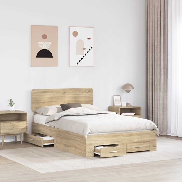vidaXL Bedframe met hoofdeinde Sonoma Eiken 135 x 190 cm Bewerkt hout