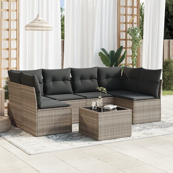 vidaXL 7-delige Loungeset met kussens poly rattan lichtgrijs