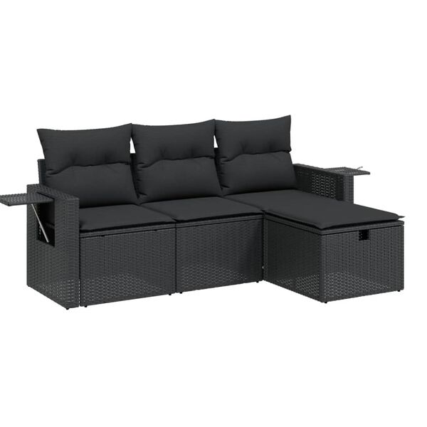 vidaXL 4-delige Loungeset met kussens poly rattan zwart