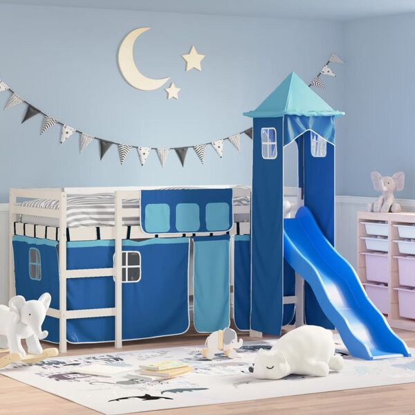 vidaXL Kinderhoogslaper met toren 90x190 cm massief grenenhout blauw