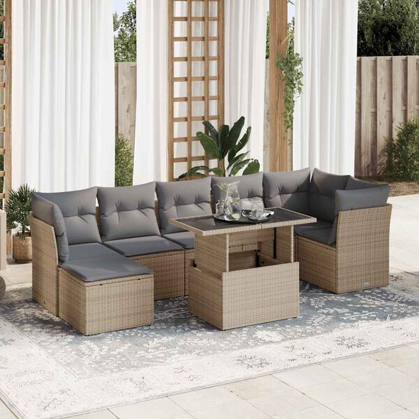 vidaXL 8-delige Loungeset met kussens poly rattan beige