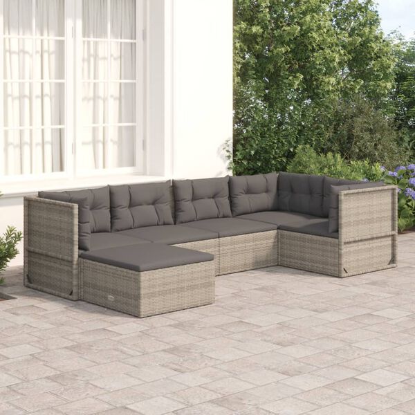 vidaXL 6-delige Loungeset met kussens poly rattan grijs