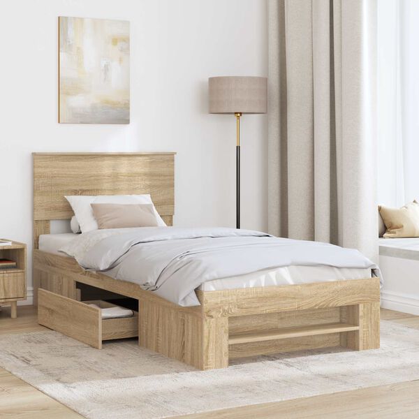 vidaXL Bedframe met hoofdeinde Sonoma Eiken 90 x 200 cm Bewerkt hout