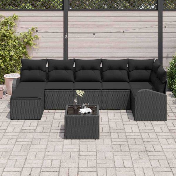 vidaXL Bankstel met kussen met opslag 8 pcs Zwart poly rattan