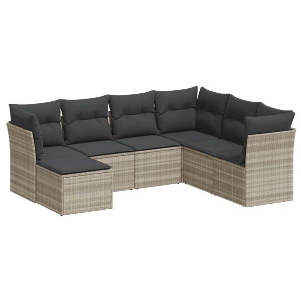 vidaXL 7-delige Loungeset met kussens poly rattan lichtgrijs