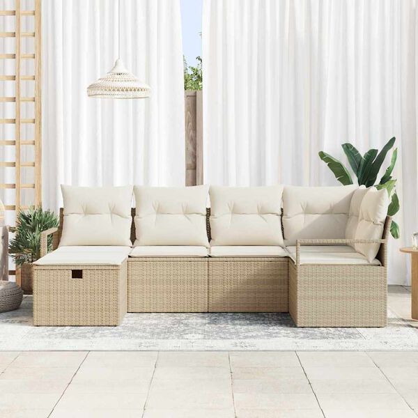 vidaXL Bankstel met kussen met opslag 6 pcs Beige en Cr&egrave;me poly rattan