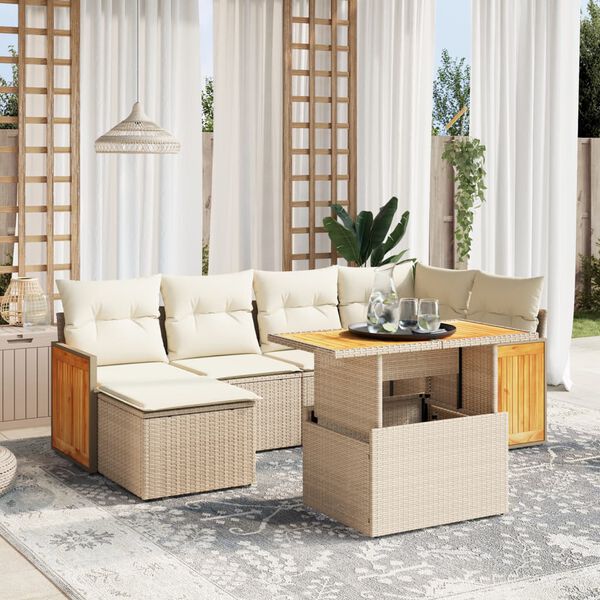 vidaXL 7-delige Loungeset met kussens poly rattan beige