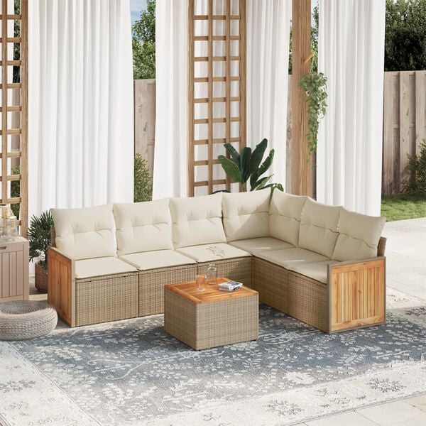 vidaXL 7-delige Loungeset met kussens poly rattan beige
