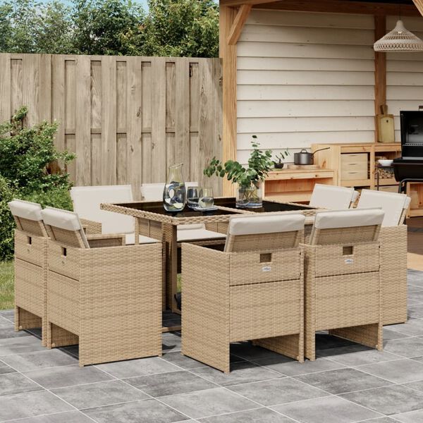 vidaXL 9-delige Tuinset met kussens poly rattan beige