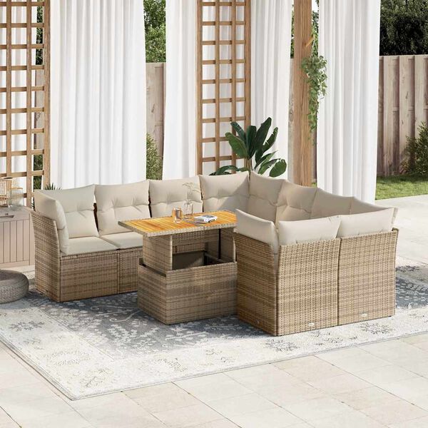 vidaXL 9-delige Loungeset met kussens poly rattan beige