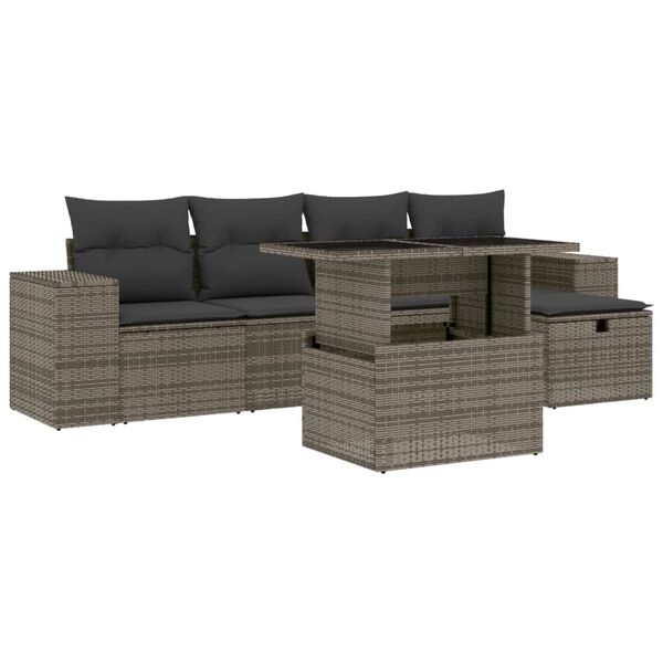 vidaXL 6-delige Loungeset met kussens poly rattan grijs