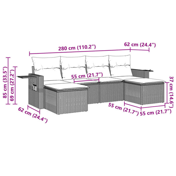vidaXL 6-delige Loungeset met kussens poly rattan lichtgrijs