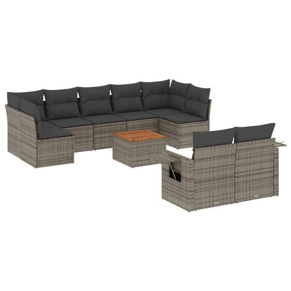 vidaXL 10-delige Loungeset met kussens poly rattan grijs