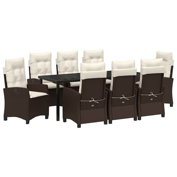 vidaXL Tuin eettafelset met kussen 9 pcs Bruin poly rattan