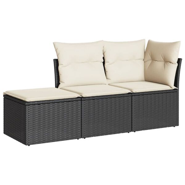 vidaXL 3-delige Loungeset met kussens poly rattan zwart