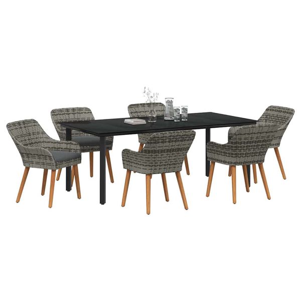 vidaXL Tuin eettafelset met kussen 7 pcs Grijs poly rattan