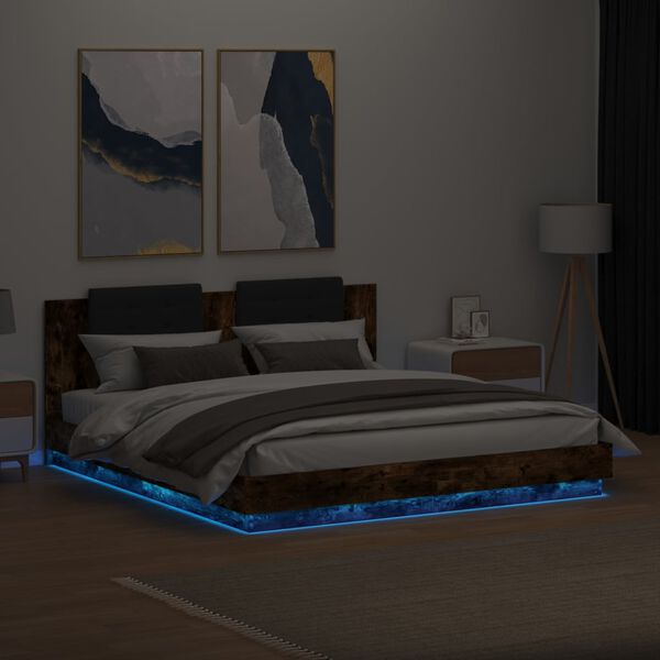 vidaXL Bedframe met hoofdbord en LED gerookt eikenkleur 200x200 cm