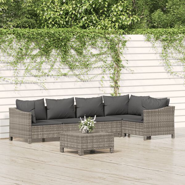 vidaXL 6-delige Loungeset met kussens poly rattan grijs