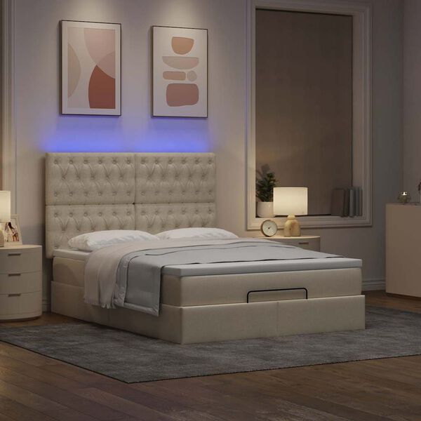 vidaXL Ottoman bed met matras en LED's 140x190cm stof cr&egrave;mekleurig