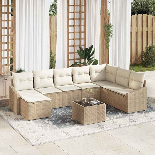 vidaXL Bankstel met kussen 9 pcs Beige poly rattan