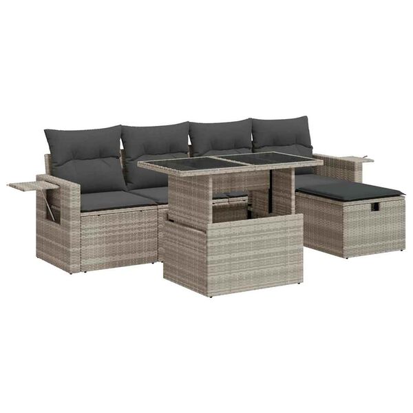 vidaXL 6-delige Loungeset met kussens poly rattan lichtgrijs