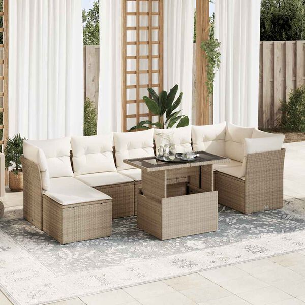vidaXL 8-delige Loungeset met kussens poly rattan beige