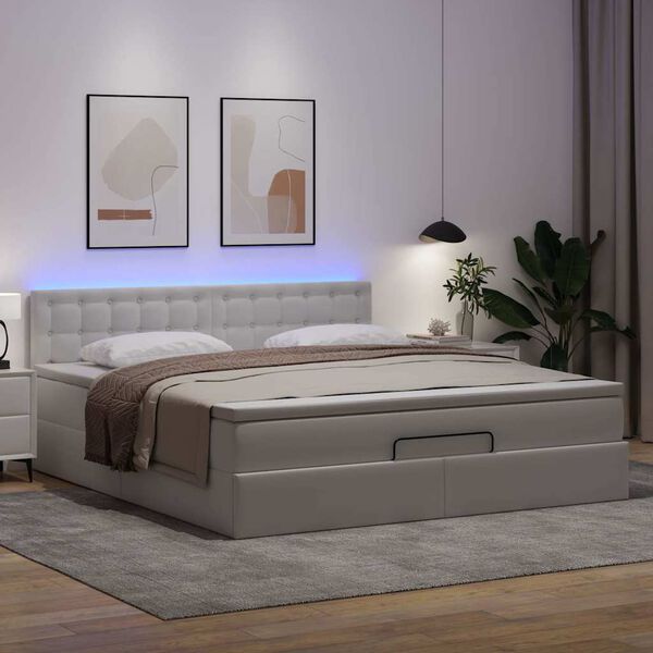 vidaXL Bed poef met matrassen en LED's 180x200cm kunstleer zuiver wit