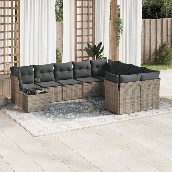 vidaXL 10-delige Loungeset met kussens poly rattan grijs