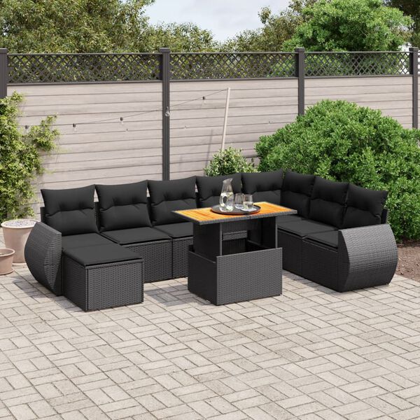 vidaXL 9-delige Loungeset met kussens poly rattan zwart