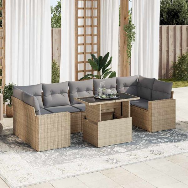 vidaXL 8-delige Loungeset met kussens poly rattan beige