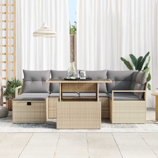 vidaXL Tuin Sofa Set met kussen met opslag 7 pcs Beige Poly riet