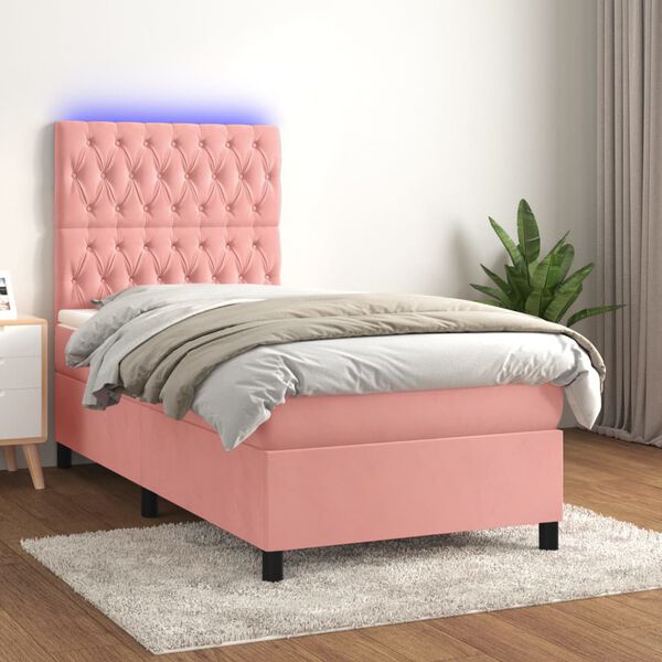 vidaXL Boxspring met matras en LED fluweel roze 90x190 cm