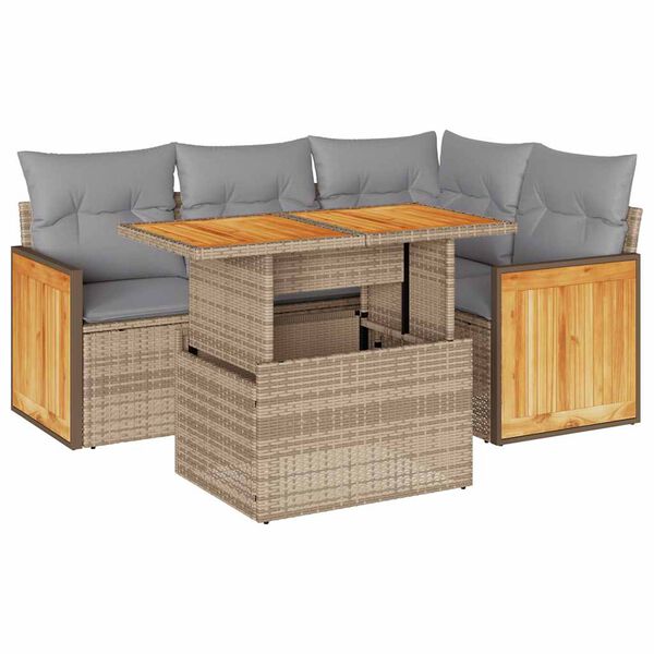 vidaXL 5-delige Loungeset met kussens poly rattan en acaciahout beige