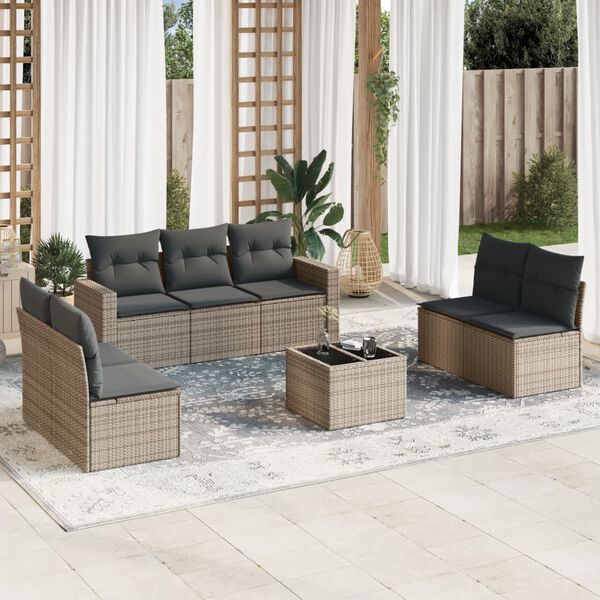 vidaXL 8-delige Loungeset met kussens poly rattan grijs